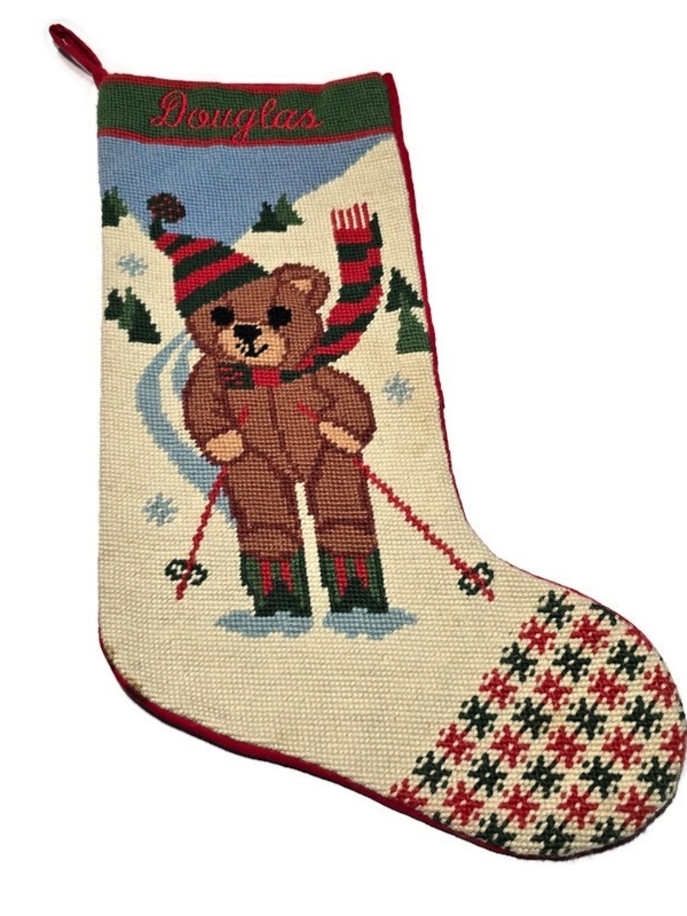 Skiing Teddy Bear Christmas Needlepoint Stocking Handmade Personalized Douglas